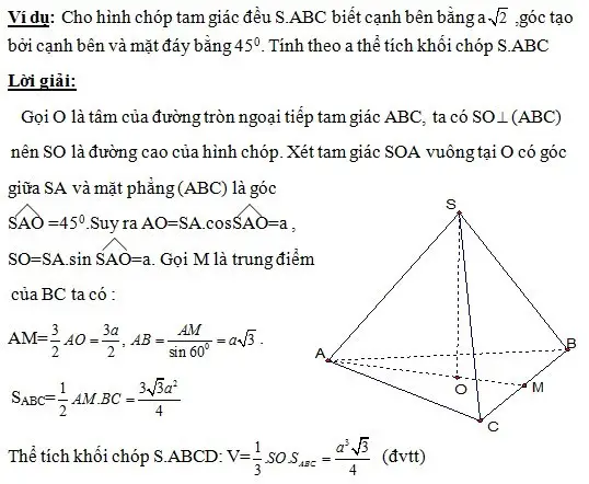 g. Tìm thể tích hình chóp đa giác đều - Xác định đường cao (đường hạ từ đỉnh xuống tâm của đa giác đáy). - Tính đường cao và diện tích đáy. - Áp dụng công thức để tính thể tích khối chóp.